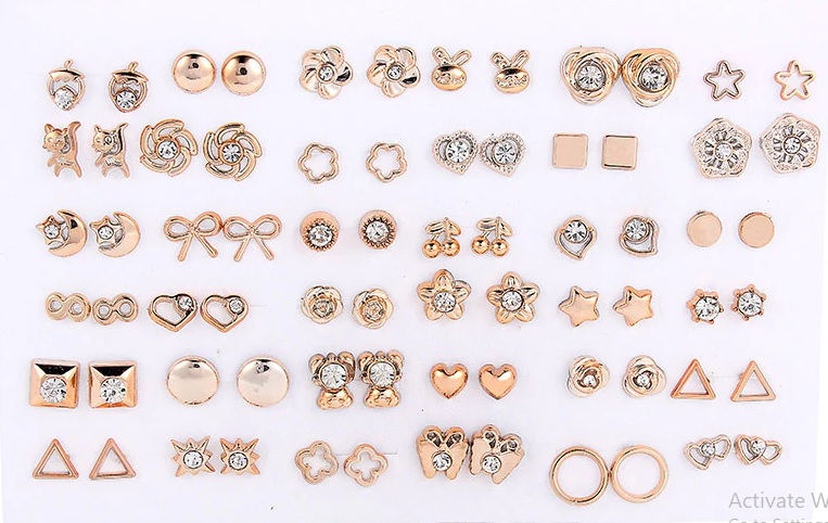 Picture of 36 Pairs Earrings Mixed Styles Rhinestone Sun Flower Geometric Animal Plastic Stud Earrings Set For Women(Gold)
