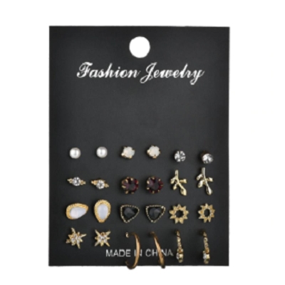 Picture of 12Pair/Set Mix Design Crystal Star Leaves Stud Earrings For Women Vintage Small Imitation Pearl Earrings Set(Gold)