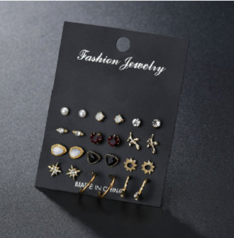 Picture of 12Pair/Set Mix Design Crystal Star Leaves Stud Earrings For Women Vintage Small Imitation Pearl Earrings Set(Gold)
