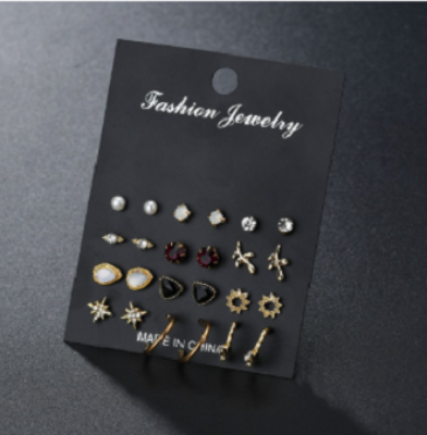 Picture of 12Pair/Set Mix Design Crystal Star Leaves Stud Earrings For Women Vintage Small Imitation Pearl Earrings Set(Gold)