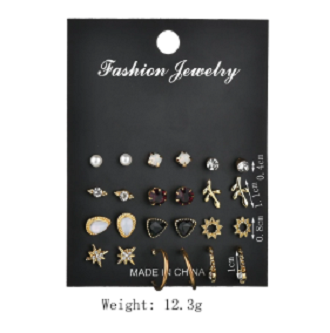 Picture of 12Pair/Set Mix Design Crystal Star Leaves Stud Earrings For Women Vintage Small Imitation Pearl Earrings Set(Gold)