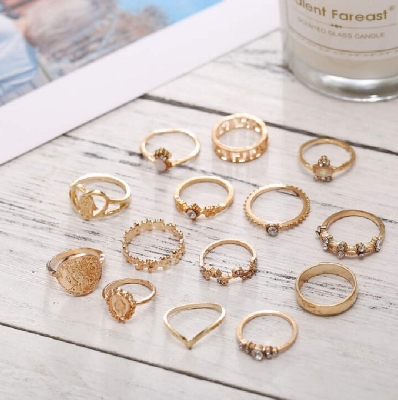 Picture of 15 Pcs Gold Color Different Trendy Finger Ring Set For Women'S Fashion - Ring S(Gold)