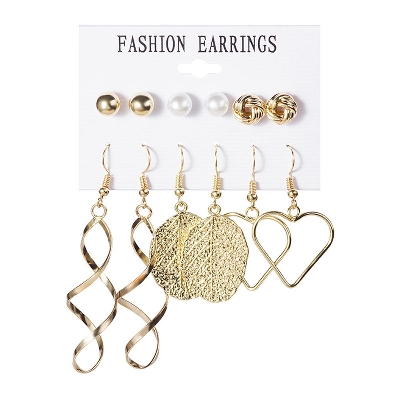 Picture of 6 Pairs/set leaf love shape earring curved earring set for women's fashion(Gold)