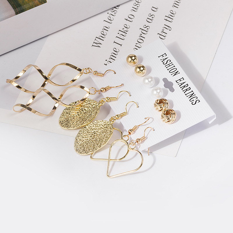 Picture of 6 Pairs/set leaf love shape earring curved earring set for women's fashion(Gold)
