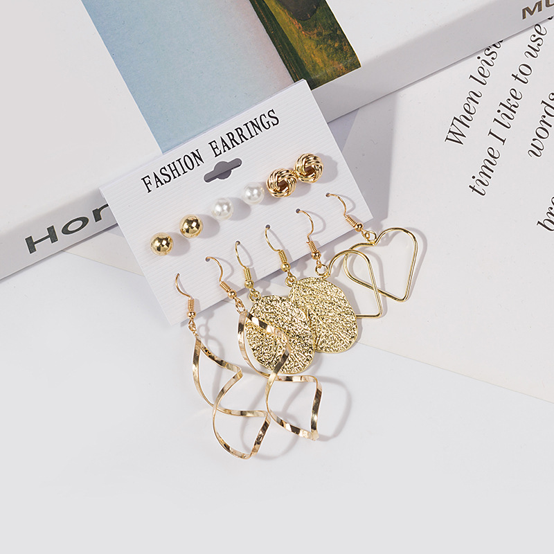 Picture of 6 Pairs/set leaf love shape earring curved earring set for women's fashion(Gold)