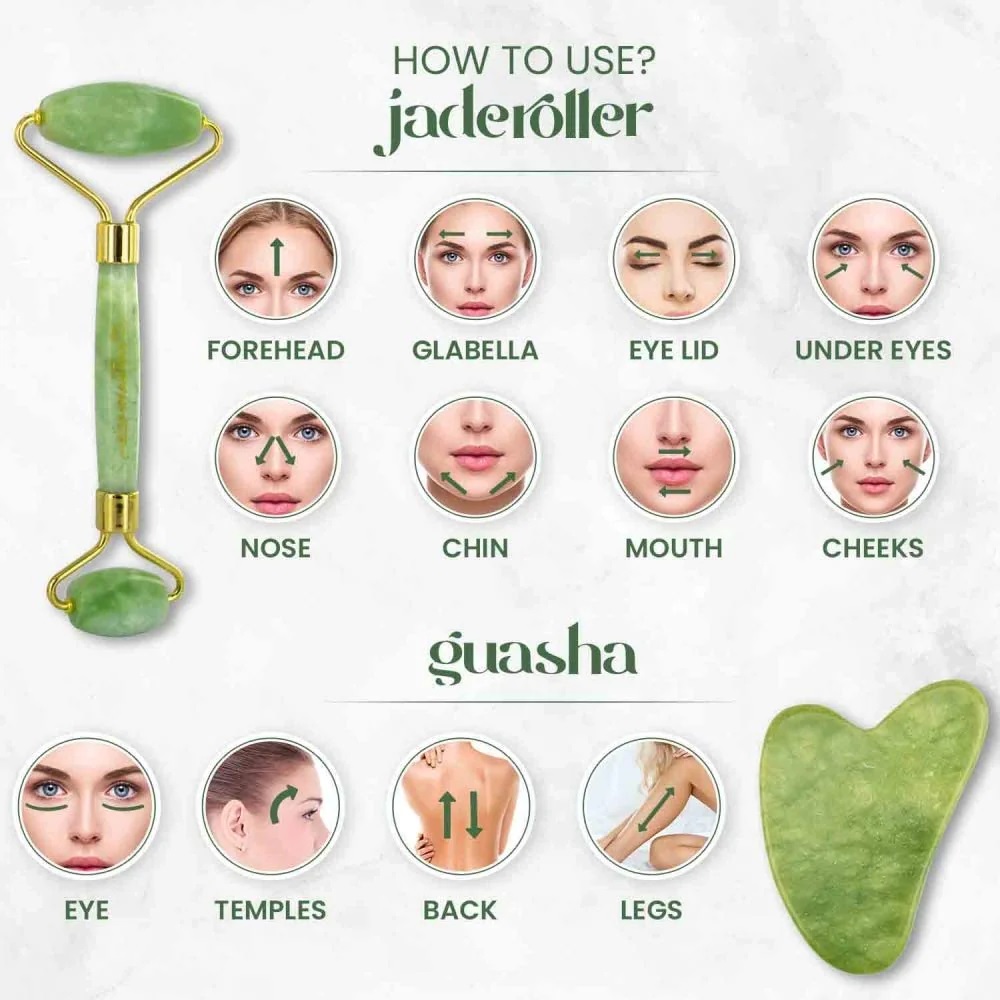 Picture of Green Natural Jade Massage Spa Rollers + Gua Sha Board Scrapers Set for face body relaxation anti-aging message (2 in 1 Set)(Green)