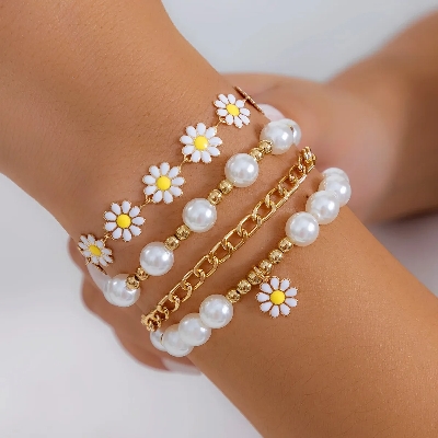 Picture of 4 Pcs/Set Cute Flower Pearl Golden colour Bracelets for women(Gold)