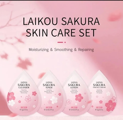 Picture of LAIKOU Japan Sakura Skin Care Mini 4 Pcs Combo (Face Cleanser /Toner/ Lotion/ Essence Cream)-2gm/Each(Japan Sakura)