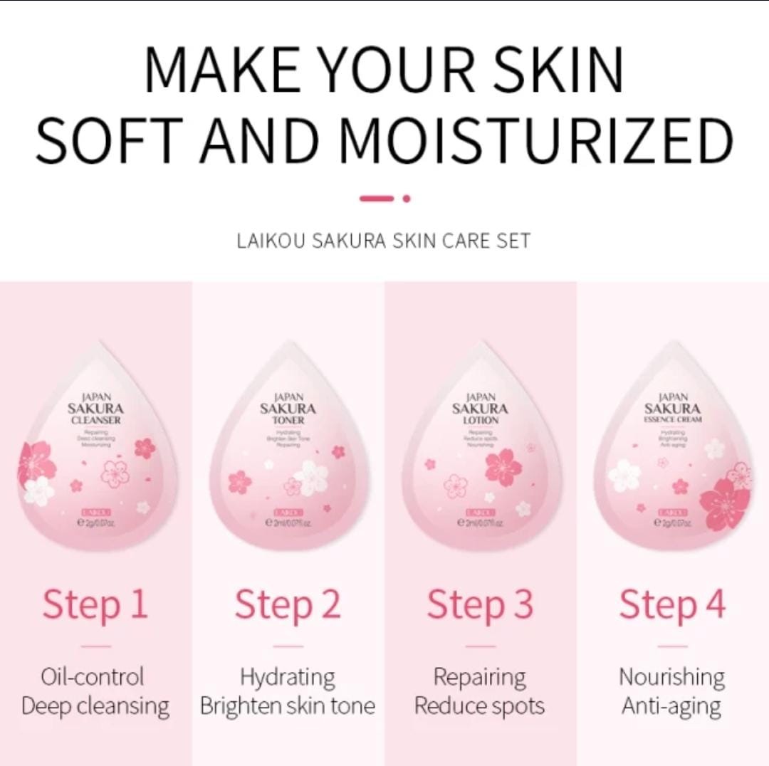 Picture of LAIKOU Japan Sakura Skin Care Mini 4 Pcs Combo (Face Cleanser /Toner/ Lotion/ Essence Cream)-2gm/Each(Japan Sakura)