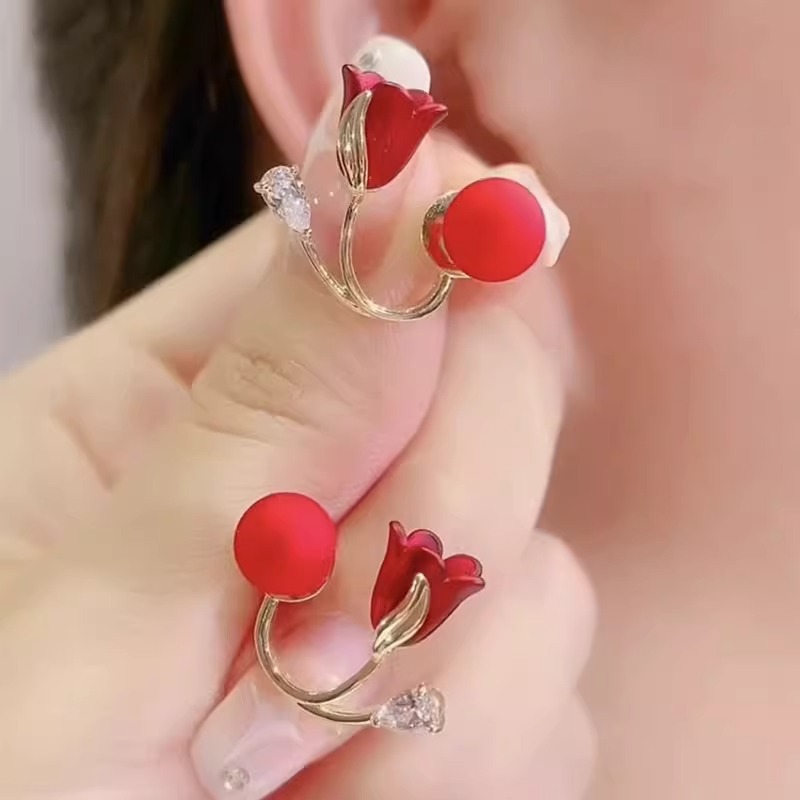 Picture of Red Flower Tulip Earnings Imitation Elegant Sweet Lovely Earrings For Korean Women Gifts Earrings Wedding- 2 Parts(Red)