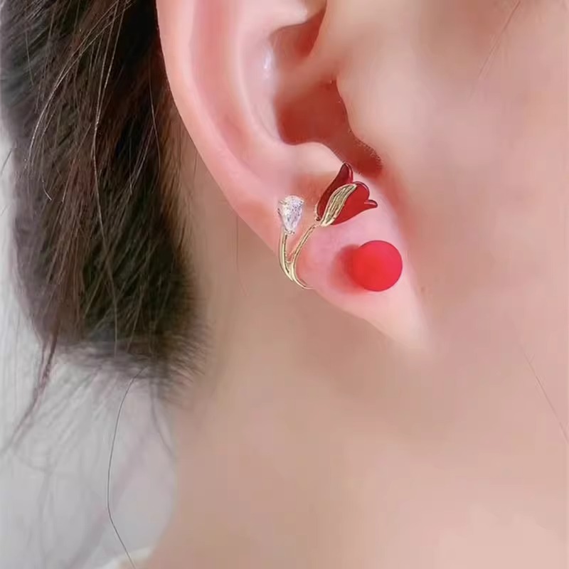 Picture of Red Flower Tulip Earnings Imitation Elegant Sweet Lovely Earrings For Korean Women Gifts Earrings Wedding- 2 Parts(Red)