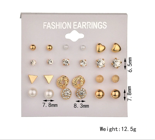 Picture of 12 Pairs Stud Earring Set Trendy Square Ball Heart Small Earrings Women Christmas Earring