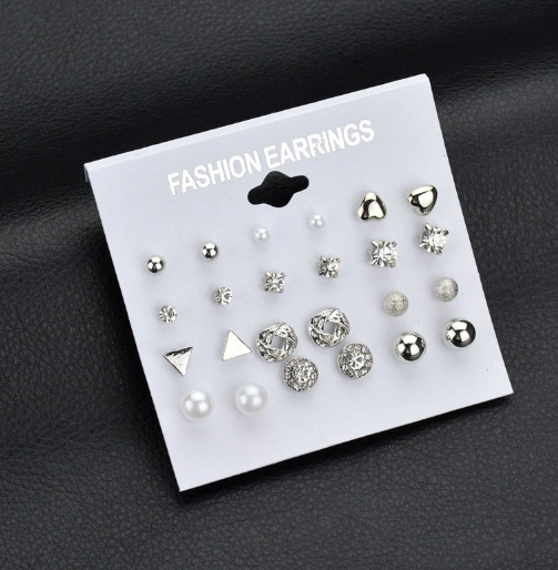 Picture of 12 Pairs Stud Earring Set Trendy Square Ball Heart Small Earrings Women Christmas Earring