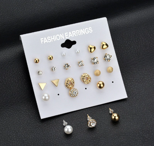 Picture of 12 Pairs Stud Earring Set Trendy Square Ball Heart Small Earrings Women Christmas Earring
