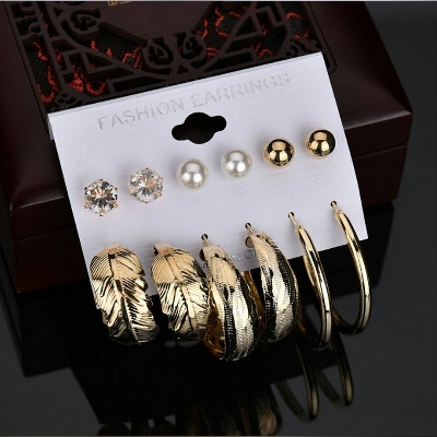 Picture of 6 Pairs of Rhinestone Set Big Circle Leaf Earring for Women Fashion Jewelry Set