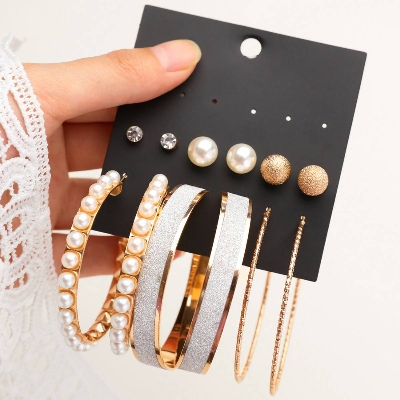 Picture of 6 Pairs Stud Earrings Set Big Circle Simulated Pearl Earrings For Women Girls Fashion - Kaner Dul - Kaner Dul - Kaner Dul