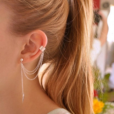Picture of 1 pair women Leaf Tassel Ear Jewelry Fashion Personality Metal Ear Clip Leaf Tassel Earrings - Kaner Dul - Kaner Dul