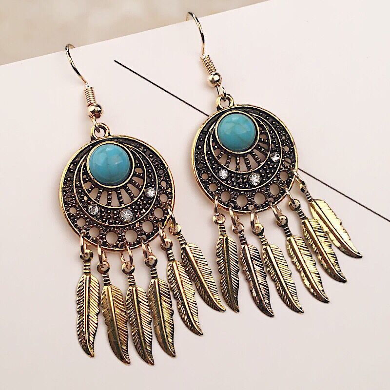 Picture of Fashion Design Euro American Retro National Style Earrings Leaves Coniferous Stones Earrings For Women
