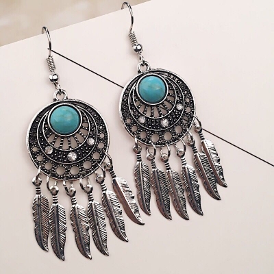 Picture of Fashion Design Euro American Retro National Style Earrings Leaves Coniferous Stones Earrings For Women