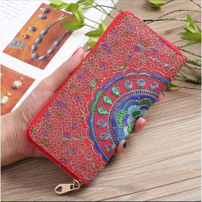 Picture of Women PU Leather Embroidery Floral Wallet with Zipper Card Holder, Blue, Red, Black, Pink, 20x10 CM