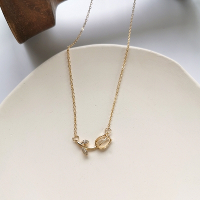Picture of Lock bone chain creative rose pendant necklace resin water drill necklace ear ring set