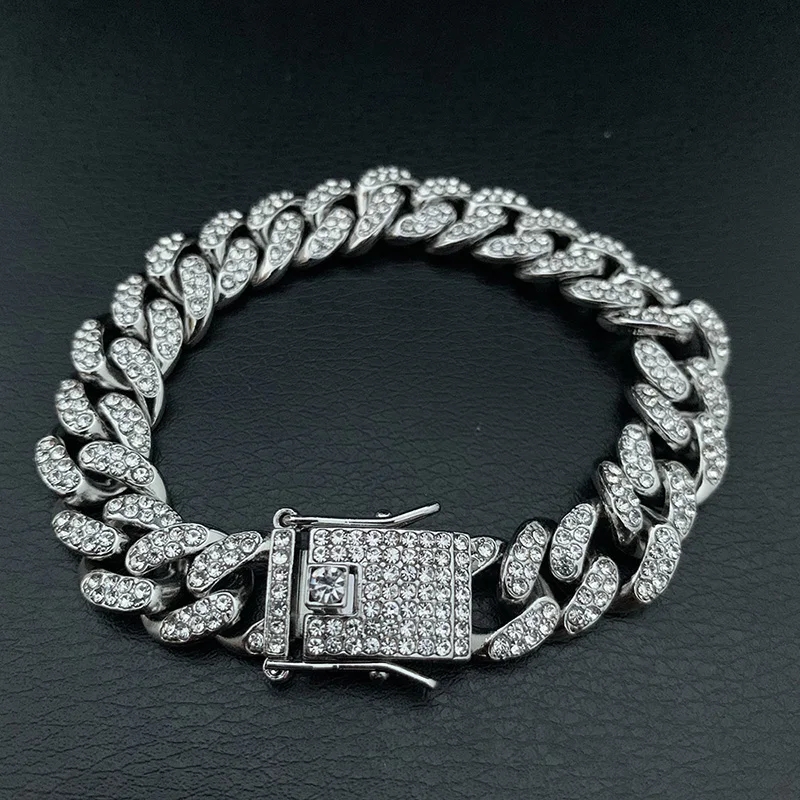 Picture of Vintage Cuban Link Bracelet for Women Silver and Gold Metal Rhinestone Bangle Jewelry