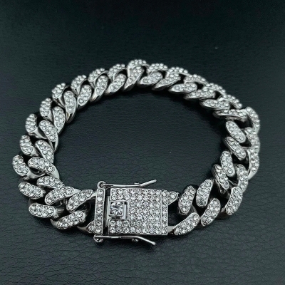 Picture of Vintage Cuban Link Bracelet for Women Silver and Gold Metal Rhinestone Bangle Jewelry