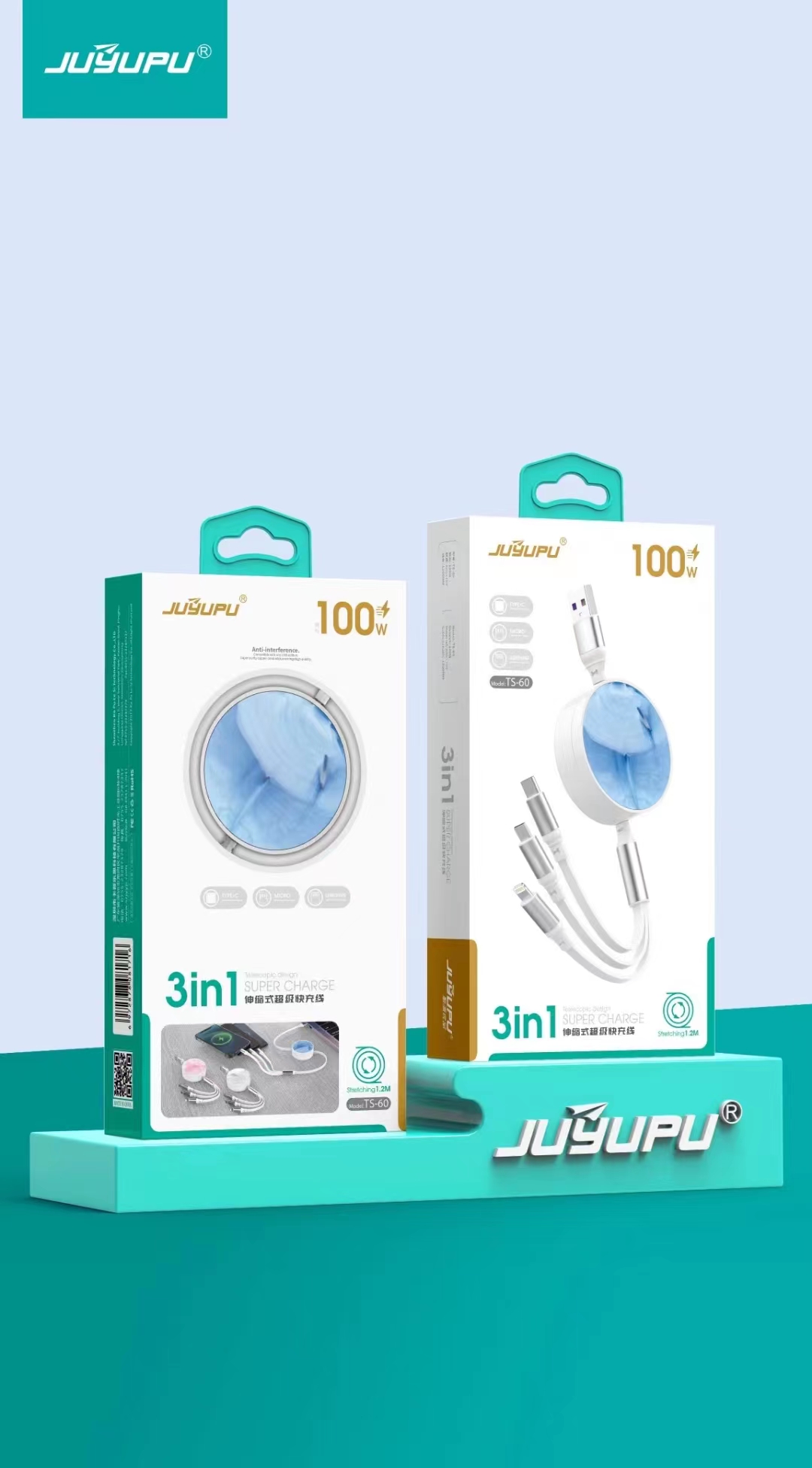 Picture of Cable_Juyupu TS60 3in1 100w portable adjustable Fast Charging charger Cable_Type-C,B,apple