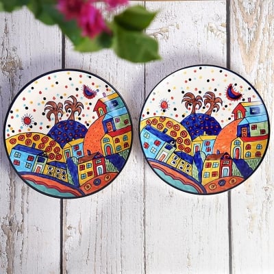 Picture of Ceramic Hut Hand painted Serving Dinner Plate Thali Set Of 2, 4, 6 Microwave Safe-Multi - Multicolor 2pcs