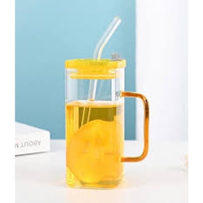 Picture of 400ml/Glass Made Straw/Glaas Made Body/and High Quality plastic Lid. Beautiful Square Masonjar/  Drinking /Juice Mug - Yellow