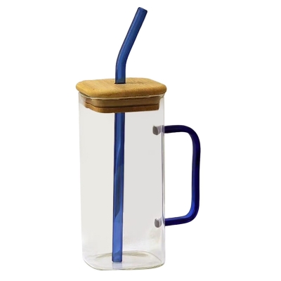 Picture of 400ml/Glass Made Straw/Glaas Made Body/and High Quality Wooden Lid. Beautiful Square Masonjar/  Drinking /Juice Mug - Blue