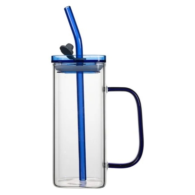 Picture of 400ml/Glass Made Straw/Glaas Made Body/and High Quality plastic Lid. Beautiful Square Masonjar/  Drinking /Juice Mug - Blue