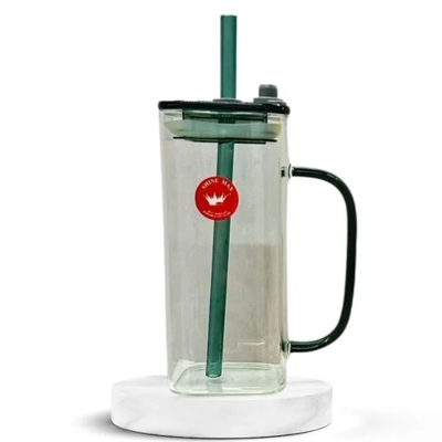 Picture of 400ml/Glass Made Straw/Glaas Made Body/and High Quality plastic Lid. Beautiful Square Masonjar/  Drinking /Juice Mug - Multicolor