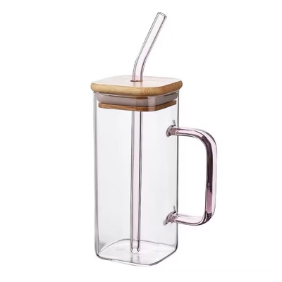 Picture of 400ml/Glass Made Straw/Glaas Made Body/and High Quality Wooden Lid. Beautiful Square Masonjar/  Drinking /Juice Mug - Blue