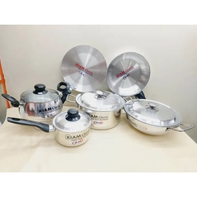 Picture of Exclusive 10 pcs Kiam Family Pack Cookware Set Aluminium. Casserole Stock Pot, Korai, Milk Pan, Baly Such Pan, Ruti Tawa, Fry Pan & - Silver