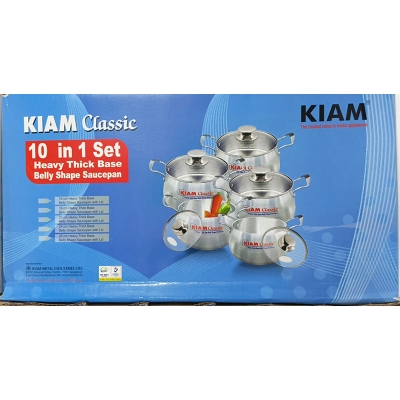 Picture of Kiam Classic 10 in 1 Set Heavy Thick Base Belly Shape Saucepan Cook Wear Set 16 cm Saucepan, 18 Cm Saucepan, 20 Cm Saucepan, 24 Cm Saucepan, 26 Cm saucepan. - Silver