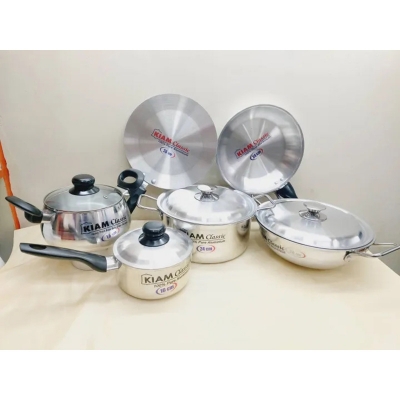 Picture of Exclusive 10 pcs Kiam Family Pack Cookware Set Aluminium. Casserole Stock Pot, Korai, Milk Pan, Baly Such Pan, Ruti Tawa, Fry Pan & - Silver