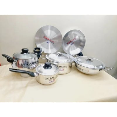 Picture of Exclusive 10 pcs Kiam Family Pack Cookware Set Aluminium. Casserole Stock Pot, Korai, Milk Pan, Baly Such Pan, Ruti Tawa, Fry Pan & - Silver