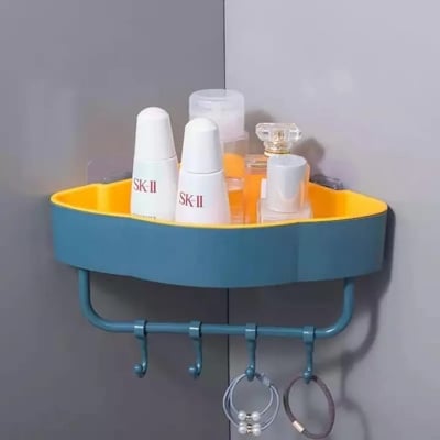 Picture of bathroom, kitchen self with hanger Free Punch Wall Corner Bathroom Storage Shelves Shelf With Hook Bathroom - Multicolor