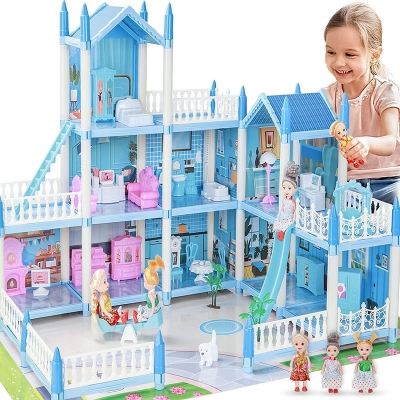Picture of Doll House with Dolls and Furniture - Think of the doll as the girl herself and live in a dream house. - Multicolor