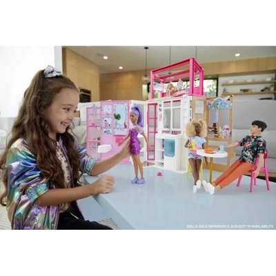 Picture of Barbie Dollhouse with 2 Levels and 4 Play Areas, Fully Furnished Barbie House with Puppy and Accessories, Gift for Kids 3 Years - Pink