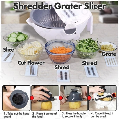 Picture of New 11 in 1 Multifunction Magic Rotate Vegetable Cutter with Drain Basket Vegetables Chopper Veggie Slicer Kitchen Tool with 8 Dicing Blades - Multicolor