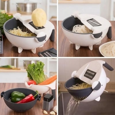 Picture of New 11 in 1 Multifunction Magic Rotate Vegetable Cutter with Drain Basket Vegetables Chopper Veggie Slicer Kitchen Tool with 8 Dicing Blades - Multicolor