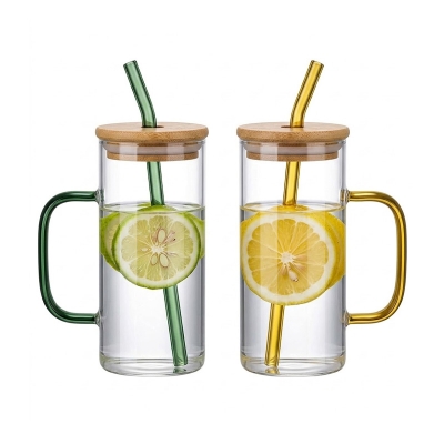 Picture of 400ml/Glass Made Straw/Glaas Made Body/and High Quality Wooden Lid. Beautiful Square Masonjar/  Drinking /Juice Mug - Multicolor