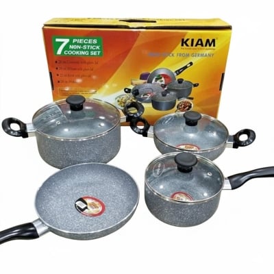 Picture of Kiam Non Stick 7 Pcs Cookware Set For Superior Release -1Pc Casserol, 1Pc Fry pan, 1Pc Karai and 1Pc Milk pan with 3 lids - Multicolor