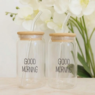 Picture of GOOD Morning Glass Cup With Lid and Straw Transparent Bubble Tea Cup Juice Glass Beer Coffee Cup Milk Mocha Cups Breakfast Mug - Transparent