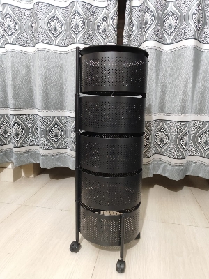Picture of 5 Layers Kitchen Rotating Shelf 360 Degree Baskets Fruit Vegetable Storage Rack Floor Round Shelf With Wheels - Black
