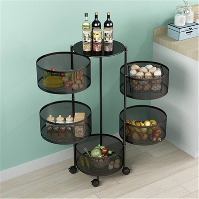 Picture of 5 Layers Kitchen Rotating Shelf 360 Degree Baskets Fruit Vegetable Storage Rack Floor Round Shelf With Wheels - Black
