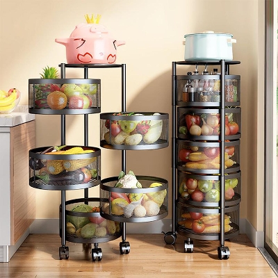 Picture of 5 Layers Kitchen Rotating Shelf 360 Degree Baskets Fruit Vegetable Storage Rack Floor Round Shelf With Wheels - Black