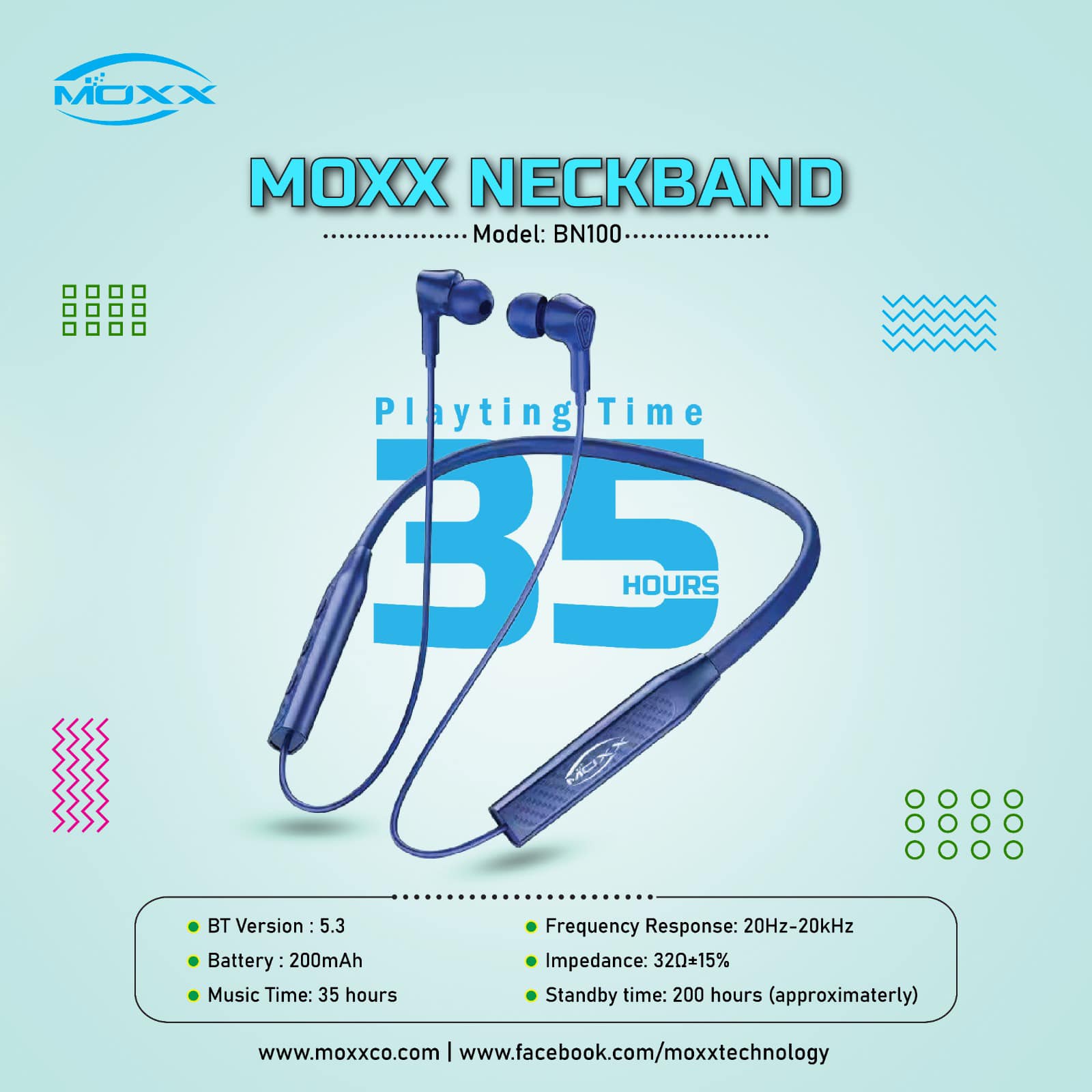 Picture of Moxx BN100 Neckband Bluetooth Headset BT5.3 Sports Headset IPX5 with Mic Noise Cancelling, Magnetic Control - Bluetooth neckband - best neckband (Black)